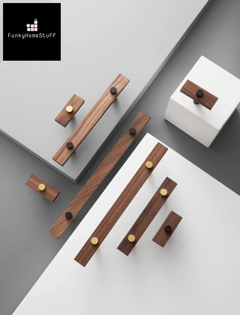 Modern Walnut Brass Furniture Handles Set