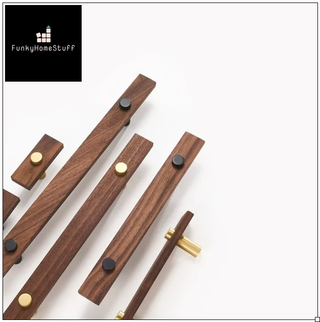 Modern Walnut Brass Furniture Handles Set