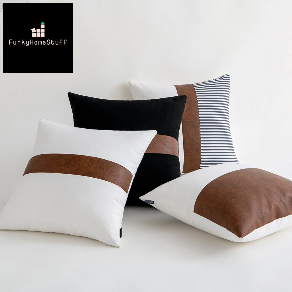 Modern Worked Patch Pillow Cover - Brown/White/Black