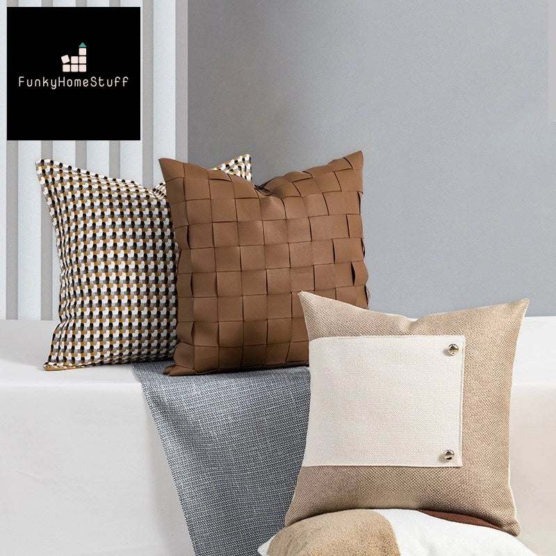 Nordic Knitted Leather Pillow Cover: 45x45cm