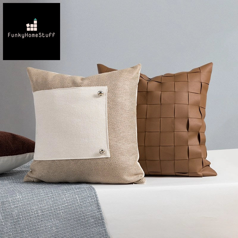 Nordic Knitted Leather Pillow Cover: 45x45cm